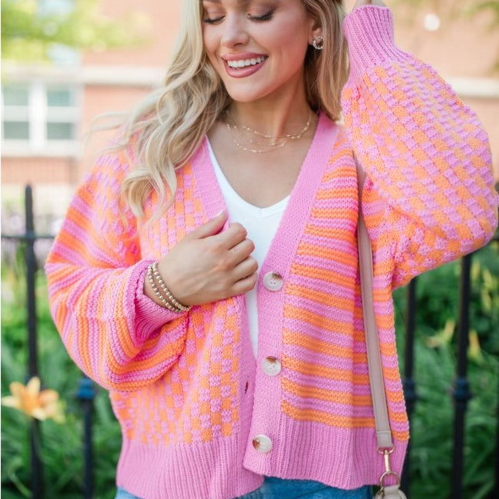 Pink and Orange Checkered and Striped Cardigan Sweater